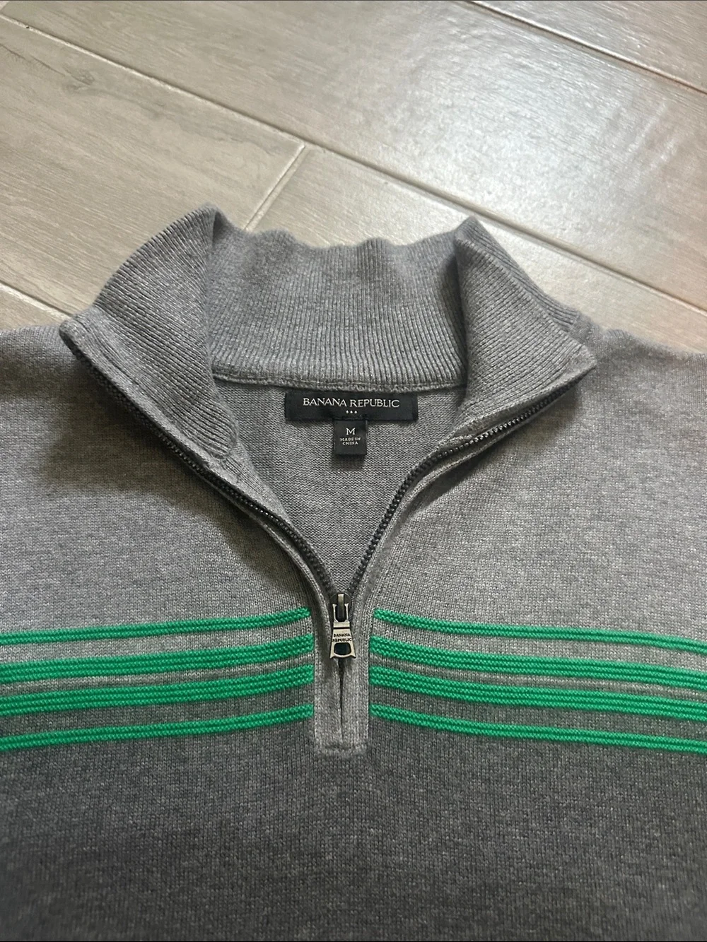 Banana Republic Gray Sweater with Green Chest Stripes - Quarter Zip